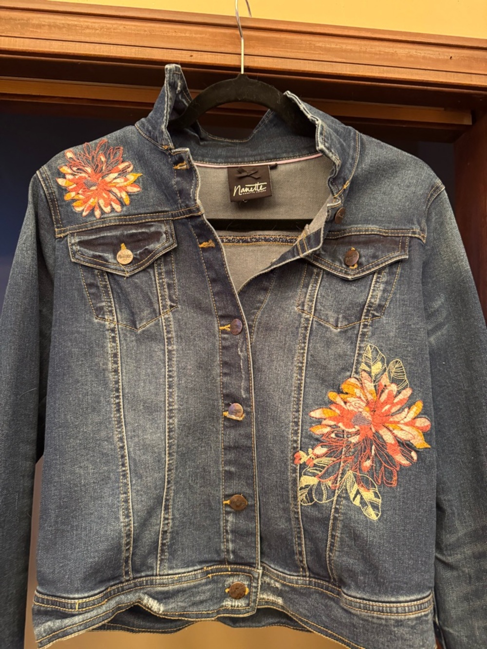 Nanette Women's Blue Denim Jacket with Floral Embroidery